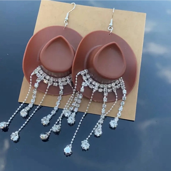 Brown Cowboy Hat with Rhinestone Dangle Earrings - Picture 2 of 3